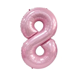 Detail of 40-inch pink foil number 8 balloon with metallic finish and heat-sealed edges