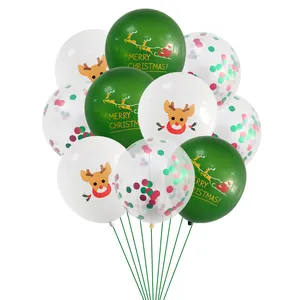 Detailed view of Christmas latex balloons with Santa Claus patterns and colorful confetti