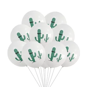 Detailed view of ten white latex balloons with green cactus prints and white strings