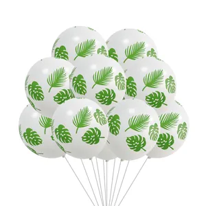 12-inch clear white latex balloons with green tropical monstera leaf prints for parties