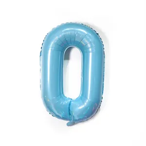 Detail of baby blue 40 inch number 0 foil balloon showing texture and self-sealing valve