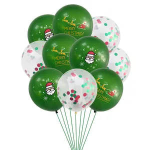 Detailed view of green Merry Christmas balloons and clear balloons with sequins
