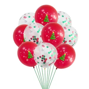 Close-up of Christmas balloons with red tree prints and transparent confetti fillers