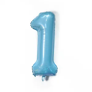 Detail of blue number 1 foil balloon with metallic finish and visible inflation valve