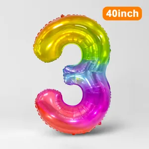Détail du ballon chiffre 3 de 40 pouces dégradé arc-en-ciel pour décoration de fête