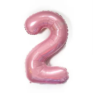 Close-up of 40-inch pink foil number 2 balloon with glossy metallic finish for parties