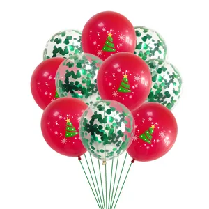 Christmas balloon set with red snowflake prints and green confetti balloons on white background