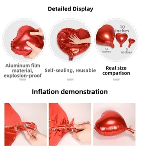 Detailed view of red heart foil balloons in 18, 10, and 5 inch sizes for party decor