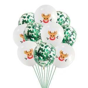 Detail of Christmas balloon set featuring cartoon reindeer prints and green confetti filling