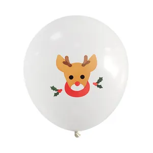Detail of 12 inch thick white latex balloon featuring a cute cartoon reindeer Christmas print