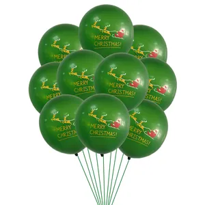 Set of 10 thick dark green latex Christmas balloons with gold Santa and reindeer prints