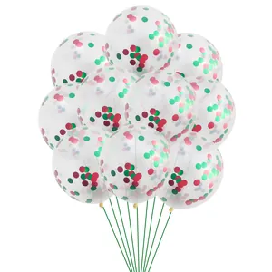Detail of transparent 12-inch latex balloons filled with red and green Christmas confetti