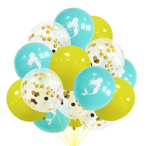 Detail of mermaid party balloon set with turquoise silhouettes and golden confetti