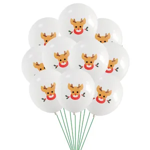 Set of 10 white Christmas latex balloons with cute reindeer print and support sticks
