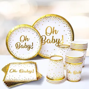 Set tavola festa Oh Baby per 24 ospiti con pois in lamina d'oro e tovaglioli