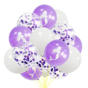 Detail of mermaid theme party balloons set with purple silhouettes and sequins