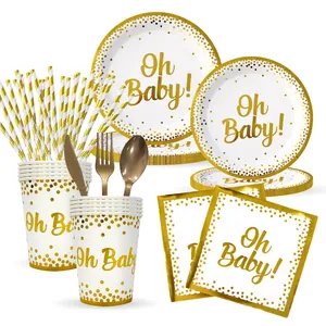 Set festa Oh Baby con piatti di carta a pois dorati, bicchieri e posate in plastica oro
