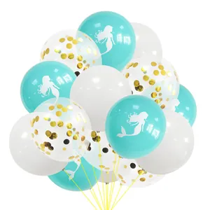 Detail of mermaid theme latex balloons with teal silhouettes and gold confetti