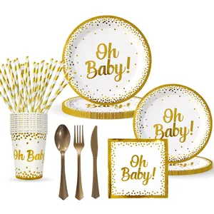 Stoviglie Usa e Getta con Pois in Lamina d'Oro Piatti di Carta Bicchieri Tovaglioli Posate di Plastica per Baby Shower