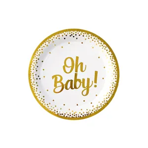 Piatto di carta rotondo bianco Oh Baby con lamina d'oro e pois per baby shower