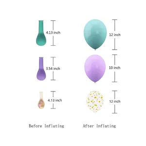 Set di palloncini in lattice macaron con confronto dimensioni prima e dopo il gonfiaggio