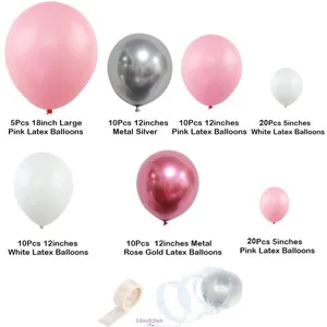 Rose gold balloon arch kit with pink and white latex balloons in various sizes