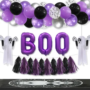 Halloween balloon arch kit with BOO foil letters, ghost honeycombs and tassels