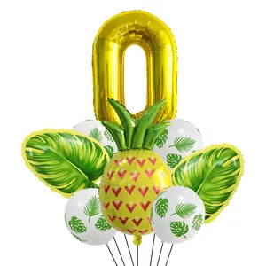 Set de ballons Hawaii avec chiffre zéro doré et ballon en forme d'ananas tropical