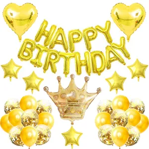 Gouden Happy Birthday ballonnenset met kroon en confetti latex ballonnen