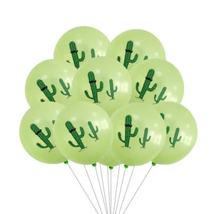 Light green latex balloon featuring cute cartoon cactus print for party decorations