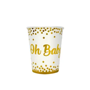 Bicchieri di carta Oh Baby bianchi e dorati per baby shower e decorazioni per feste