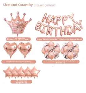 Detailed size and quantity map for rose gold Happy Birthday balloon party decoration kit