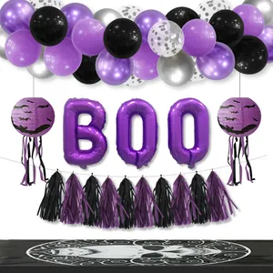 Halloween purple and black balloon arch kit with BOO foil letters and bat paper lanterns
