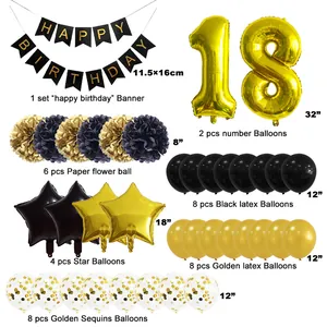 18th birthday party decoration set with black gold balloons and happy birthday banner