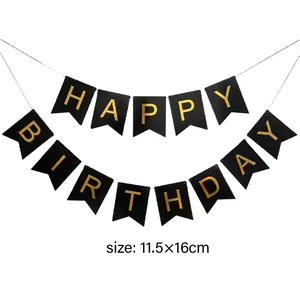 Classic black and gold Happy Birthday bunting banner for party wall decorations