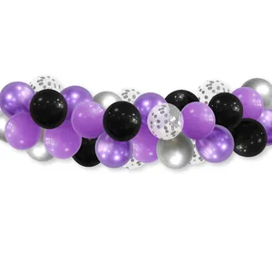 Halloween purple and black balloon arch kit with silver sequins and metallic party balloons