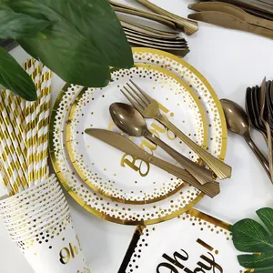 Set stoviglie usa e getta Oh Baby bianco e oro con pois per decorazione baby shower