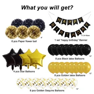 Detailed overview of the 35pcs black and gold birthday party decoration set items