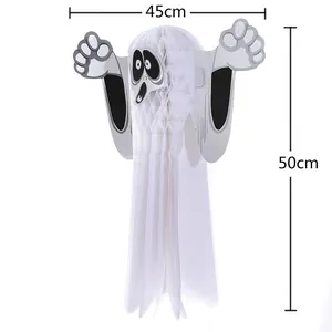 Halloween white hanging ghost decoration with honeycomb body and long white tassels, 50cm tall