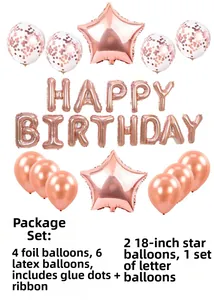 Détail d'un kit de ballons d'anniversaire or rose avec confettis et ballons étoiles
