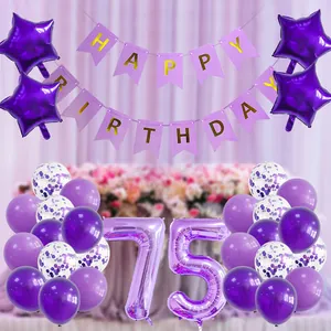 Detailansicht lila 75. Geburtstag Party-Set mit Folienballons und Happy Birthday Banner