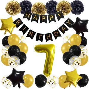 7th birthday decoration set with gold number 7 balloon and black gold happy birthday banner