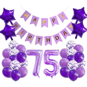 Deko-Set zum Geburtstag in Lila mit Banner und Folienballons mit der Nummer 75 für Partys