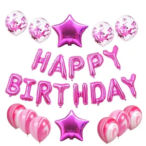 Kit ballons Happy Birthday roses avec étoiles en alu et confettis en latex