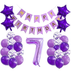 Details zum violetten Dekoset zum 7. Geburtstag mit Banner und Folienballons
