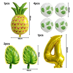 Kit de 8 ballons de fête hawaïenne avec ananas, chiffre 4 doré et feuilles de palmier