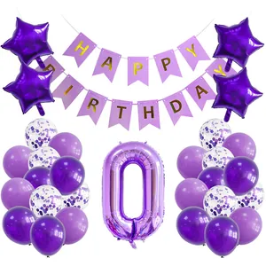 Lila Geburtstags-Deko-Set mit Happy Birthday Banner und Nummer Null Ballon