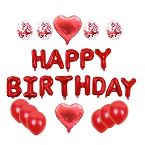 Détail du lot de 25 ballons rouge Happy Birthday en aluminium et ballons en latex