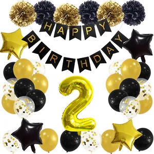 Black and gold 2nd birthday party set with number 2 balloon, banners, and paper flowers