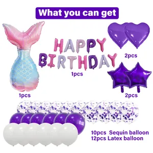 Détails du kit de ballons d'anniversaire sirène avec étoiles et cœurs en aluminium violet et rose
